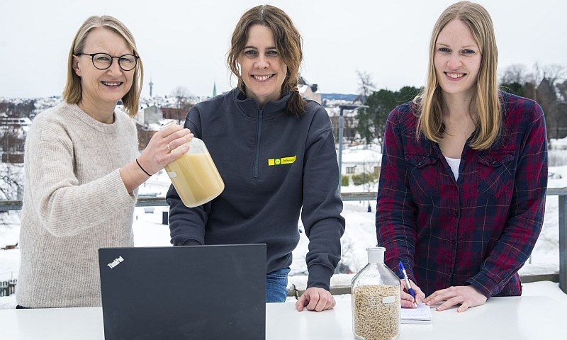 Tre produktutviklere med myse, PC, kraftfôr og notatblokk med Trondheim i bakgrunnen.