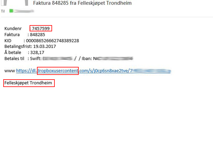 Skjermbilde av falsk e-post kunder har mottatt
