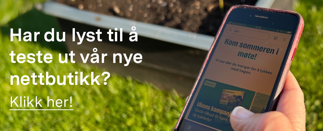 Banner med budskap: Klikk her for å teste Felleskjøpets nye nettbutikk