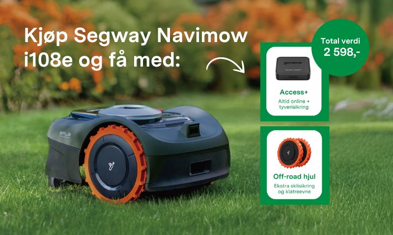 Kjøp Segway Navimow i108E og få med Off-road hjul og Access+ til en verdi av 2 598,- Robotgressklipper 15 999 kr