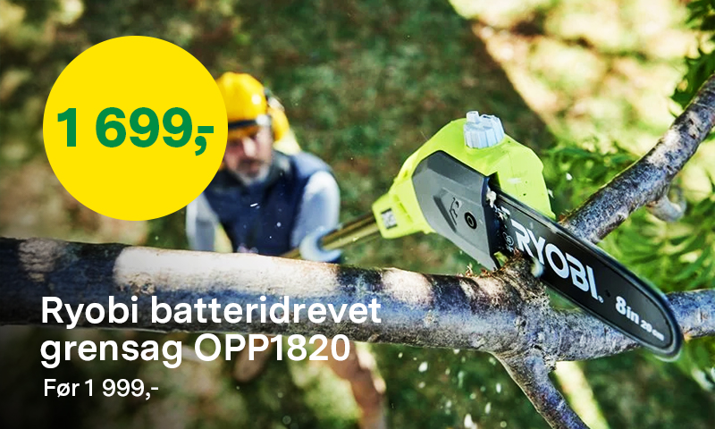 Ryobi batteridrevet grensag før 1 999 kr nå 1 699 kr