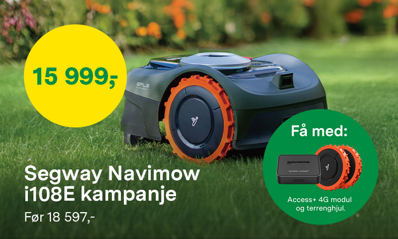 Kjøp Segway Navomow i108E - få med terrenghjul og 4G modul til en verdi av 2 598 kr