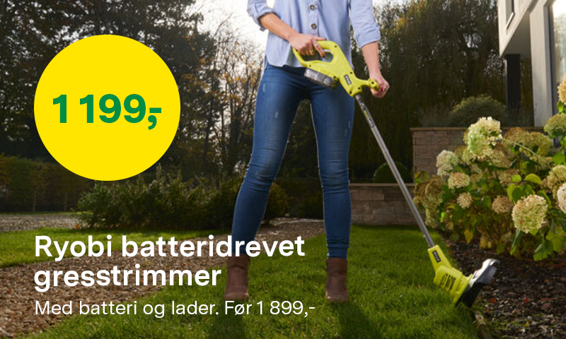 Ryobi batteridrevet gresstrimmer RLT1825M20S før 1899,- nå 1199,-