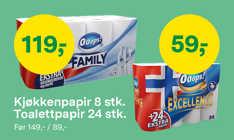 Oooops toalettpapir 24 stk før 149,- nå 119,-/Oooops kjøkkenruller 8 stk før 89,- nå 59,-