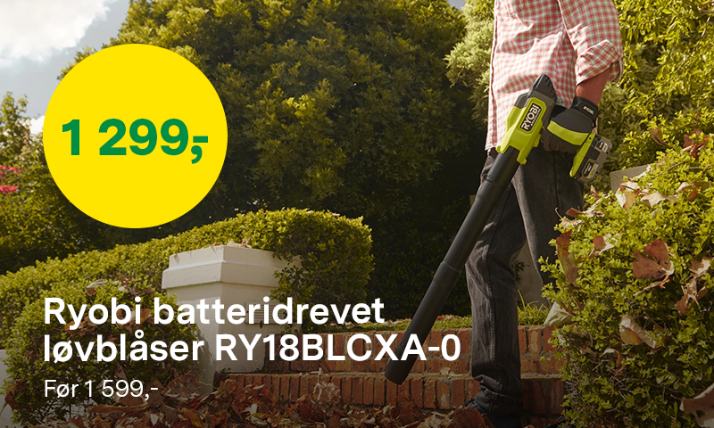 Ryobi batteridrevet løvblåser RY18BLCXA-0 før 1599,- nå 1299,-