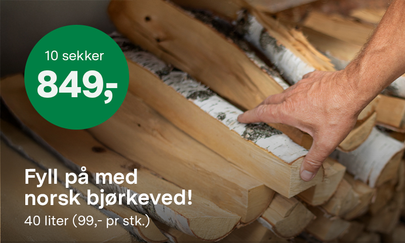 10 sekker med norsk bjørkeved 849,- spar 141 kr
