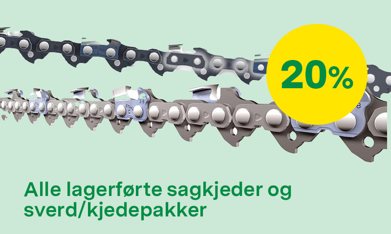 20% på alle lagerførte sagkjeder og sverd/kjedepakker