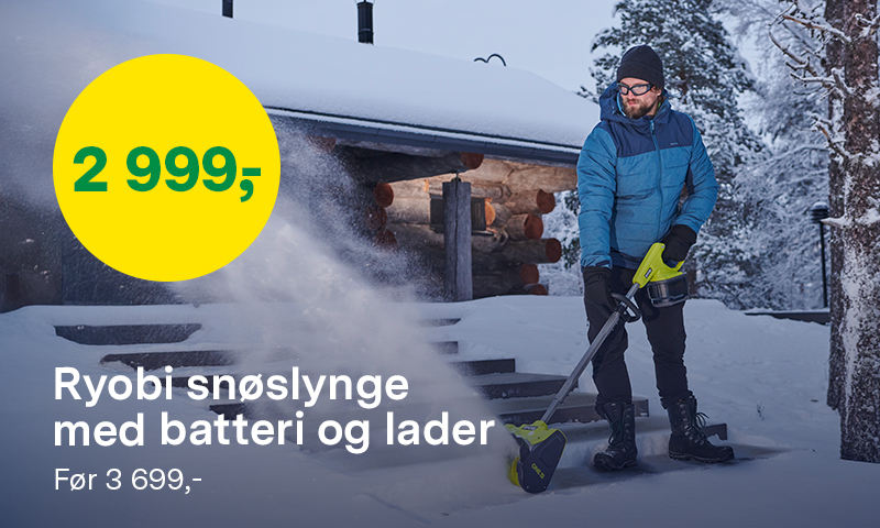 Ryobi snøslynge med batteri og lader før 3 699,- nå 2 999,-