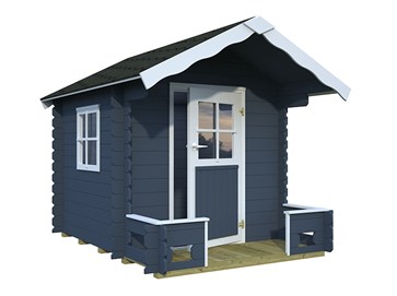 Bilde av lekehuset i laftet stil og malt i blått med hvite karmer.