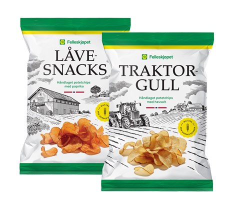 Traktorgull og Låvesnacks potetchips à 150 g