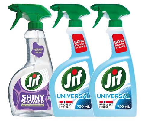 Kit med 1 dusjrengjøringspray og 2 universalspray