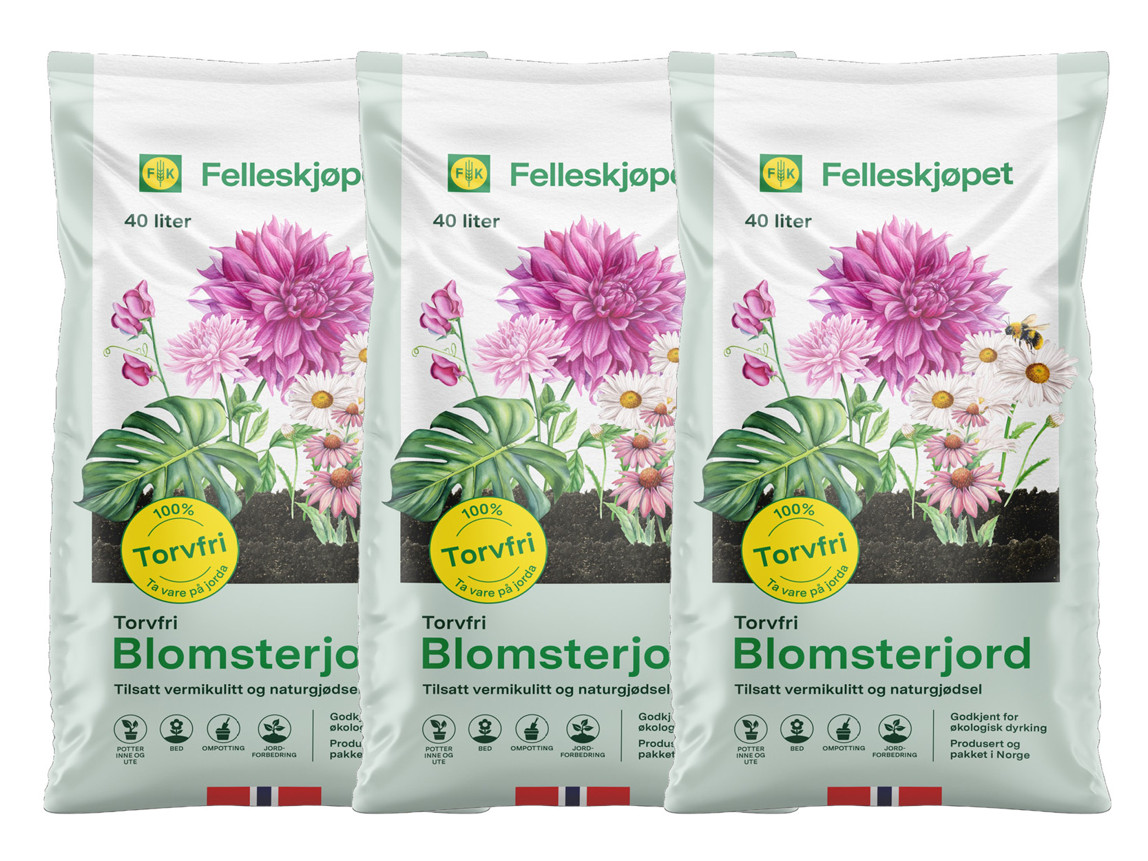 Torvfri Blomsterjord 40 L 3 stk