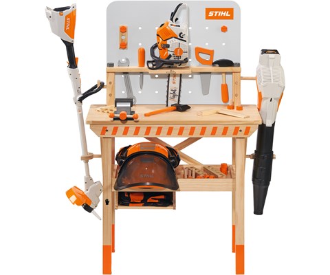 Arbeidsbenk for barn i tre med treleketøy