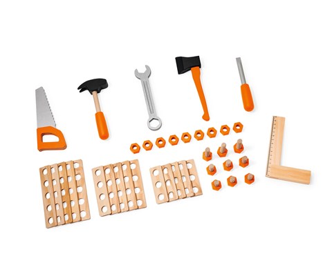 Arbeidsbenk for barn i tre med treleketøy