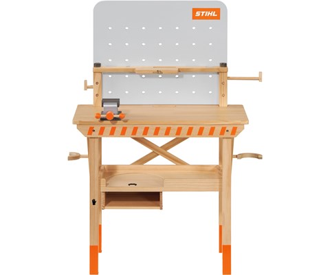 Arbeidsbenk for barn i tre med treleketøy