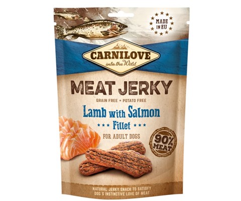 Hundesnacks Jerky lam og laks 100 g